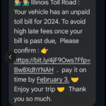 Example of a phishing text message claiming to be from Illinois Toll Road, urging users to pay an unpaid toll bill online.