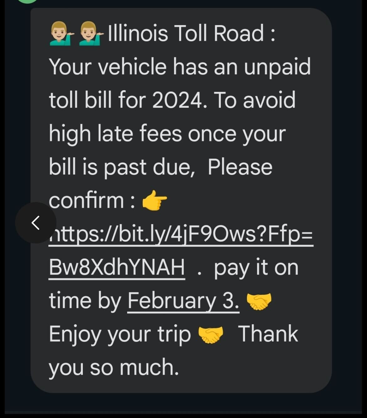 Example of a phishing text message claiming to be from Illinois Toll Road, urging users to pay an unpaid toll bill online.