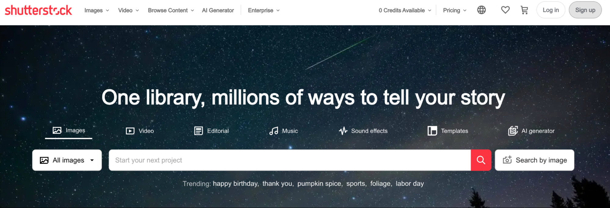 Shutterstock homepage that lets people find royalty-free images, video, and music.