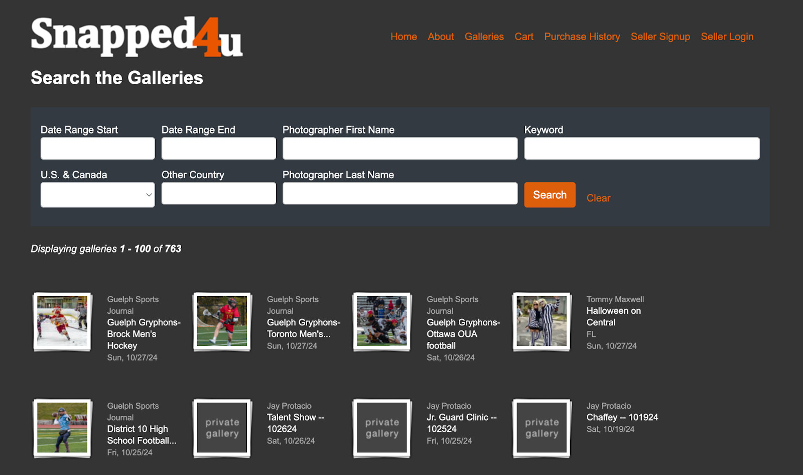 Snapped4U homepage showing photos from sports photographers