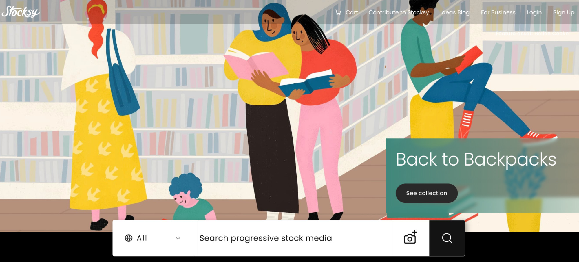 Stocksy homepage with an art graphic of people in a library.