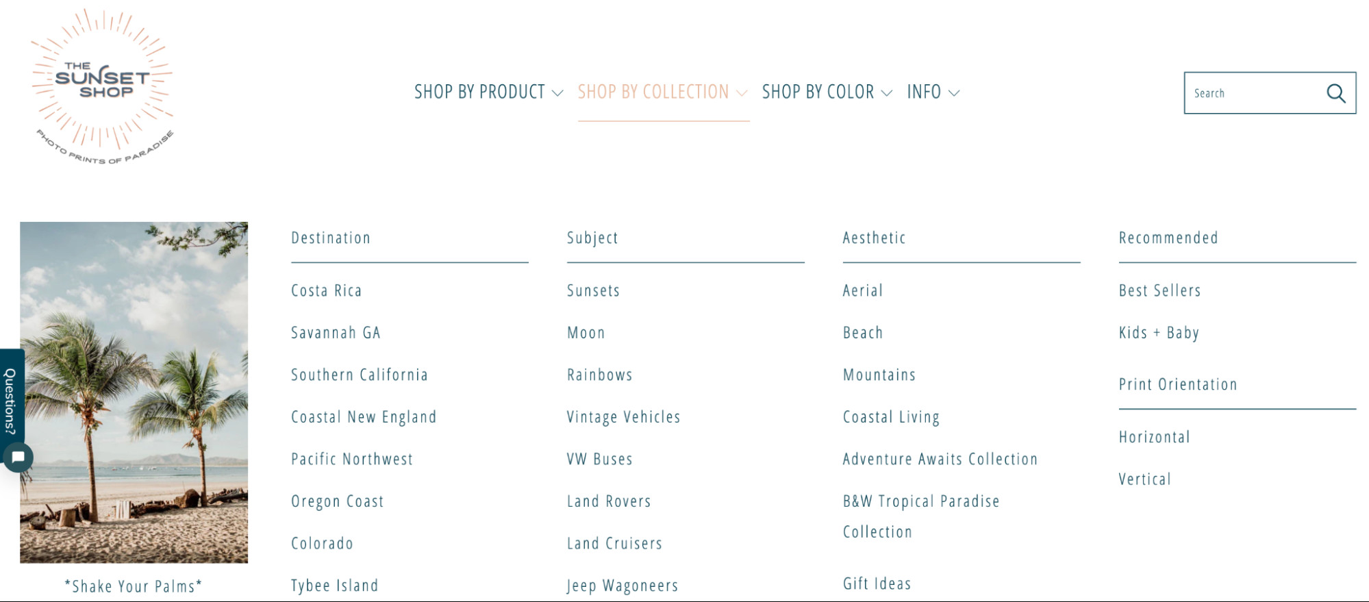 Example product categories on a photo print website include “Costa Rica”, “Sunset”, and “Mountains”.