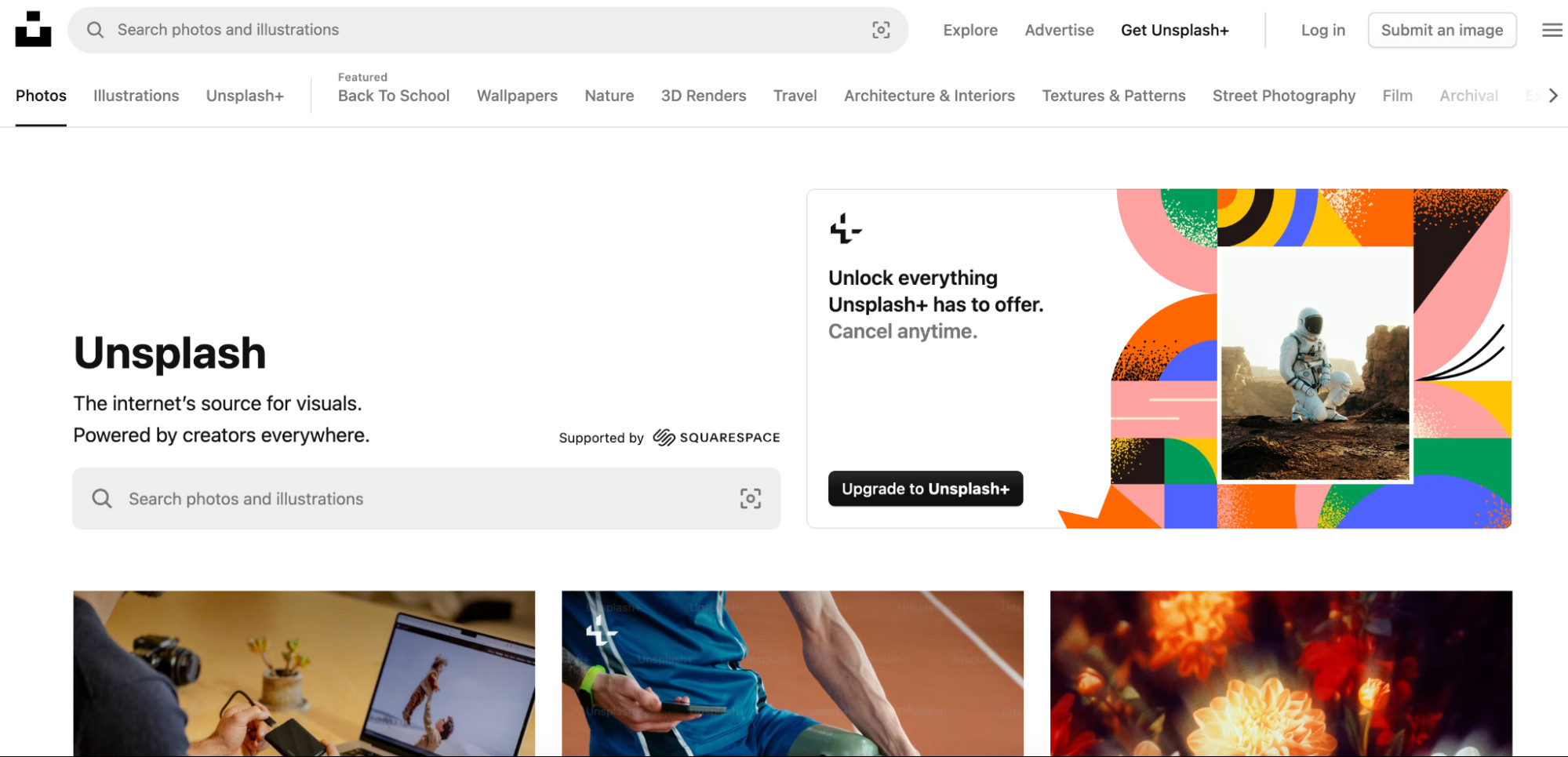 Unsplash homepage showing stock photos and a call-to-action for Unsplash