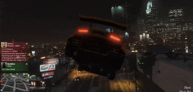 Animated GIF of a car taking off and flying in Grand Theft Auto Online