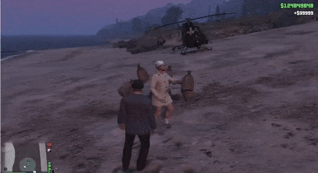 Animated GIF of players dancing in the rain of money in Grand Theft Auto Online