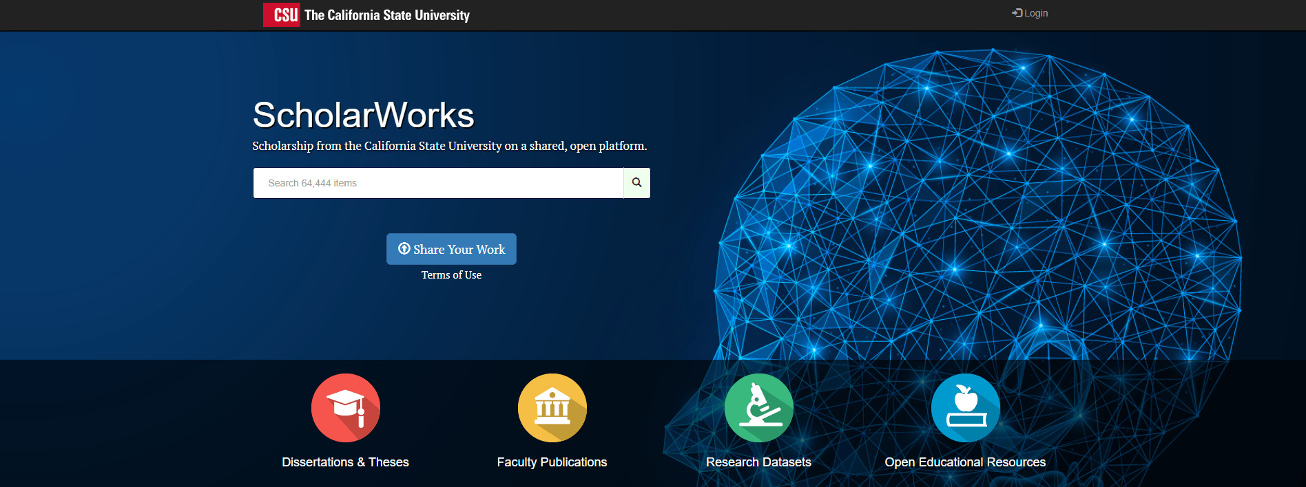 A logo for ScholarWorks website, featuring the text &quot;ScholarWorks&quot; and the California State University system logo.