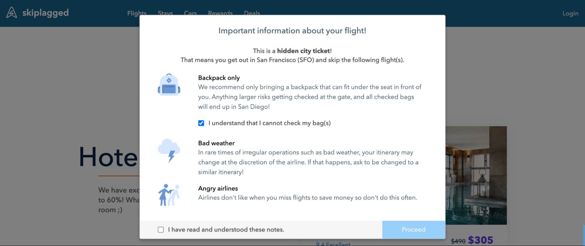 Skiplagged Interface Highlighting Hidden City Flights
