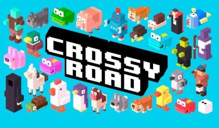 A collection of diverse and quirky characters from Crossy Road, including animals, humans, and fantastical creatures, displayed against a bright background.