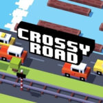 A vibrant scene from Crossy Road, showcasing a chicken character mid-hop across a busy road filled with colorful cars and trucks.