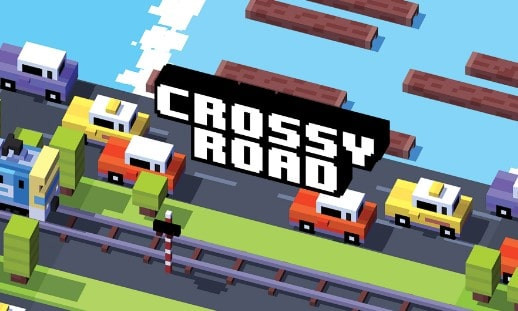 A vibrant scene from Crossy Road, showcasing a chicken character mid-hop across a busy road filled with colorful cars and trucks.
