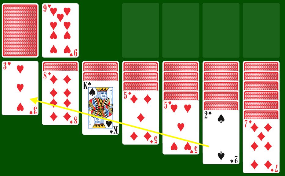 Demonstration of sequencing cards in Klondike Solitaire tableau by alternating colors and descending rank.