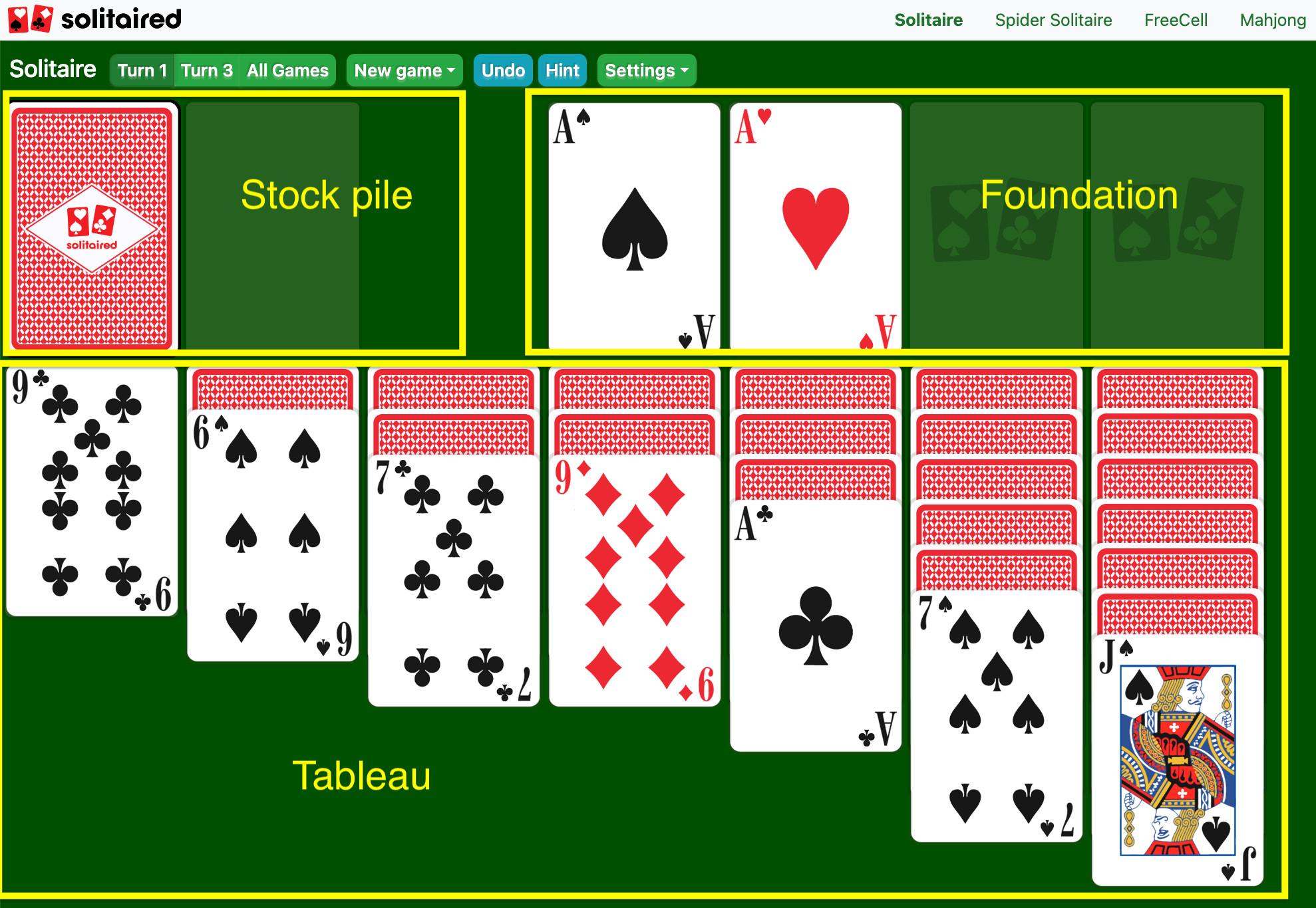 Solitaire game setup with tableau, stockpile, waste pile, and foundation piles